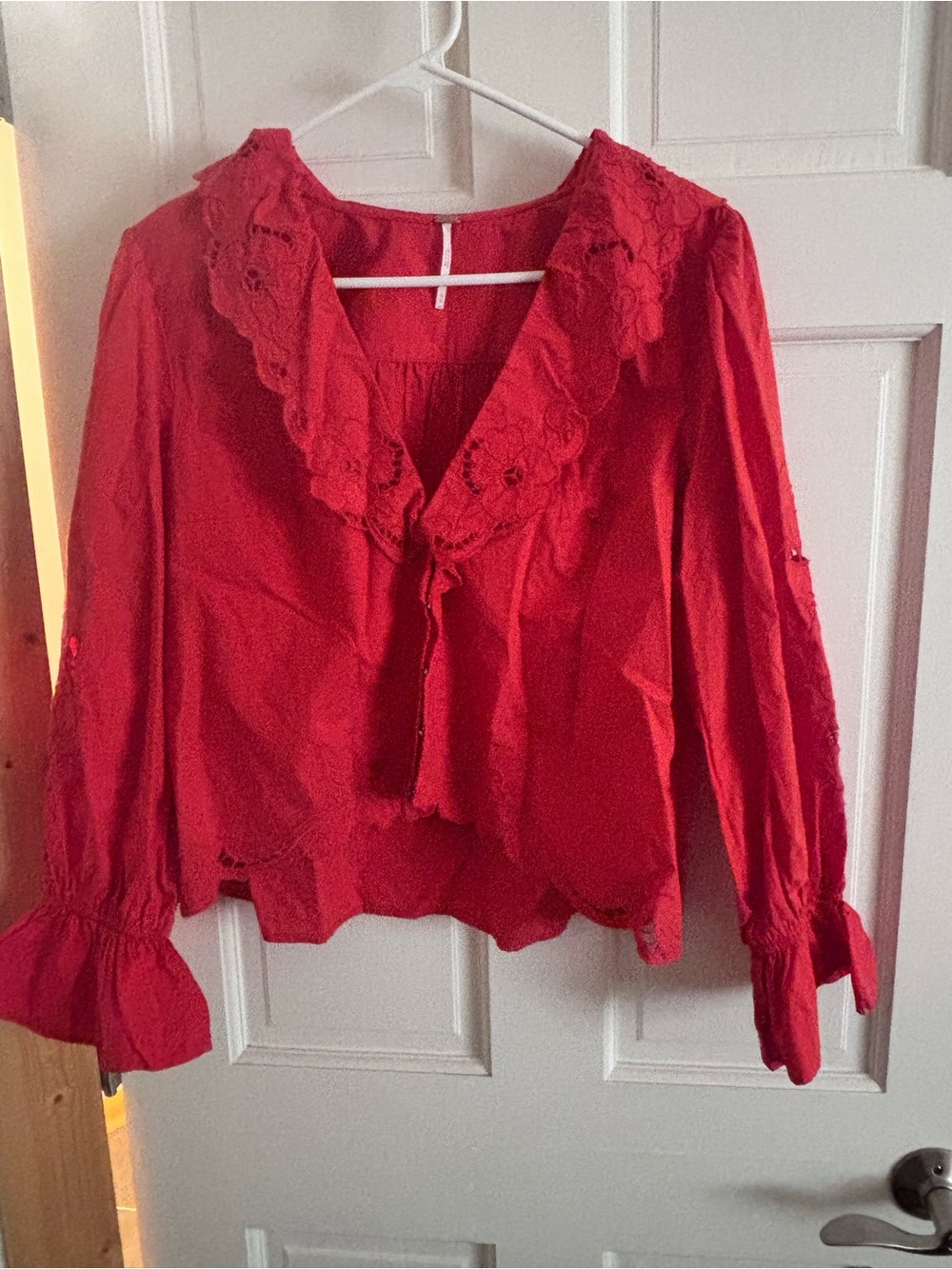 Free People Red Lace-Trim Peasant Blouse
